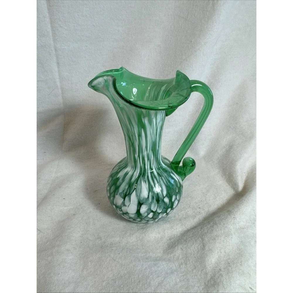 Hand Blown Green Glass White Stretched Splatter 4.5
